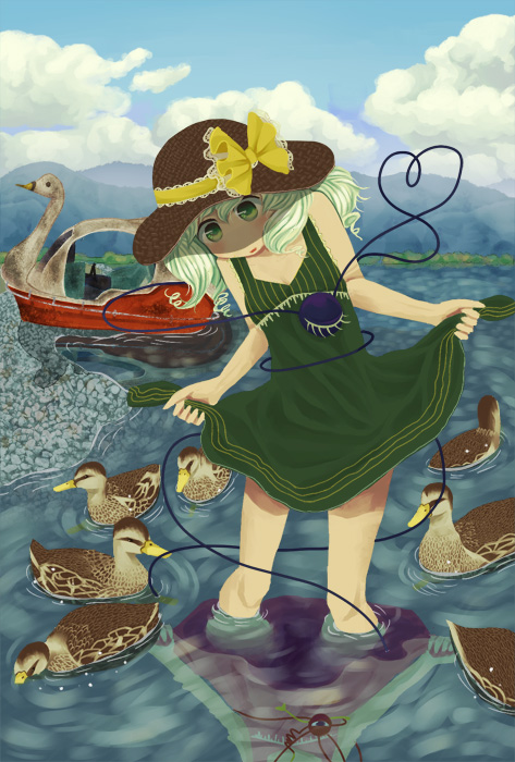 culotte(96), different_reflection, dress, dress_lift, duck, green_eyes, green_hair, hat
