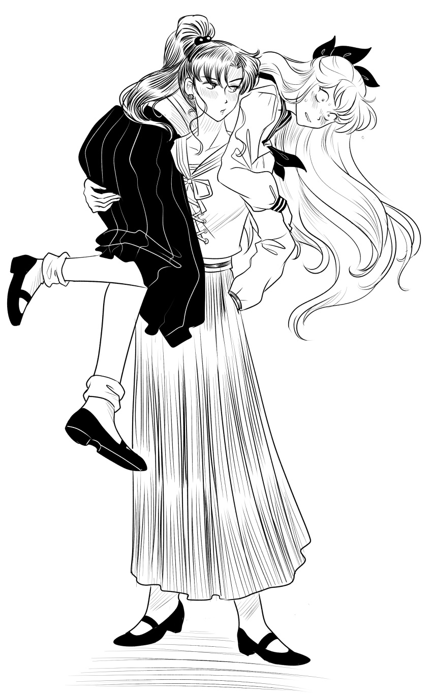 2girls, absurdres, aino_minako, bishoujo_senshi_sailor_moon, carrying, carrying_over_shoulder, carrying_person, commentary, constricted_pupils, english_commentary, greyscale, hand_in_pocket, high_ponytail, highres, kino_makoto, long_hair, long_skirt, long_sleeves, monochrome, multiple_girls, photo-referenced, pleated_skirt, school_uniform, serafuku, skirt, very_long_hair, yamino