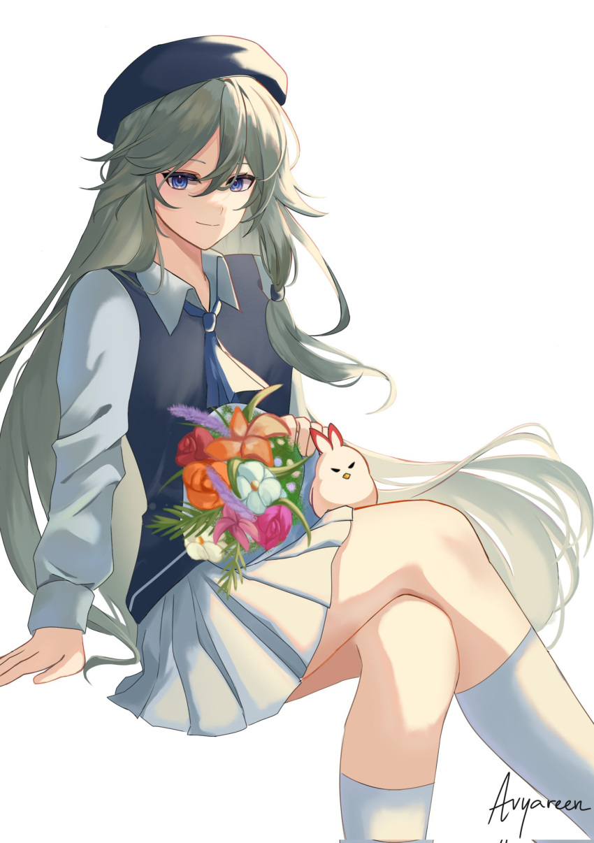 1girl, artist_name, avyarenne, black_headwear, black_shirt, blue_eyes, blue_hair, blue_vest, closed_mouth, collared_shirt, flower, fu_hua, grey_hair, hair_between_eyes, hat, highres, holding, honkai_(series), honkai_impact_3rd, jingwei_(bird), light_smile, long_hair, long_shirt, long_sleeves, official_alternate_costume, orange_flower, pink_flower, red_flower, shirt, simple_background, sitting, skirt, socks, solo, vest, white_background, white_flower, white_skirt, white_socks, white_undershirt