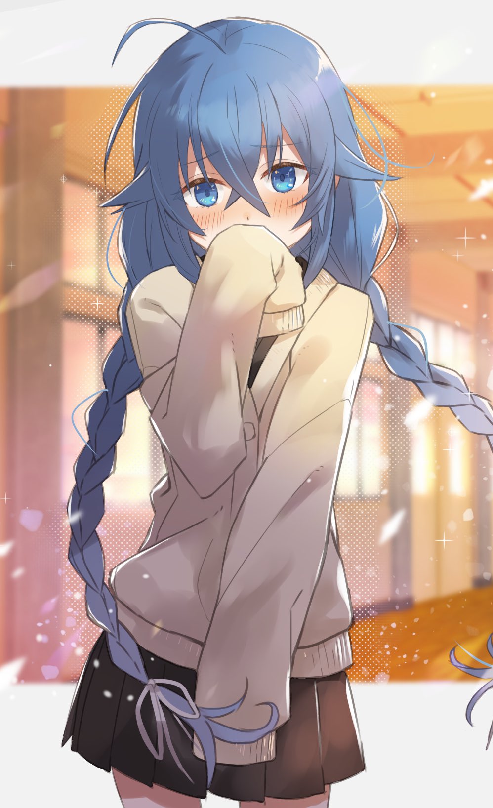 1girl, ahoge, black_shirt, black_skirt, blue_eyes, blue_hair, blush, braid, classroom, covering_mouth, feet_out_of_frame, hair_between_eyes, head_tilt, highres, long_sleeves, looking_at_viewer, mushoku_tensei, nakami_chihiro, pleated_skirt, roxy_migurdia, shirt, shy, skirt, sleeves_past_fingers, sleeves_past_wrists, solo, sweater, twin_braids, white_sweater