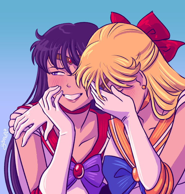 2girls, aino_minako, bishoujo_senshi_sailor_moon, blonde_hair, bow, breasts, choker, circlet