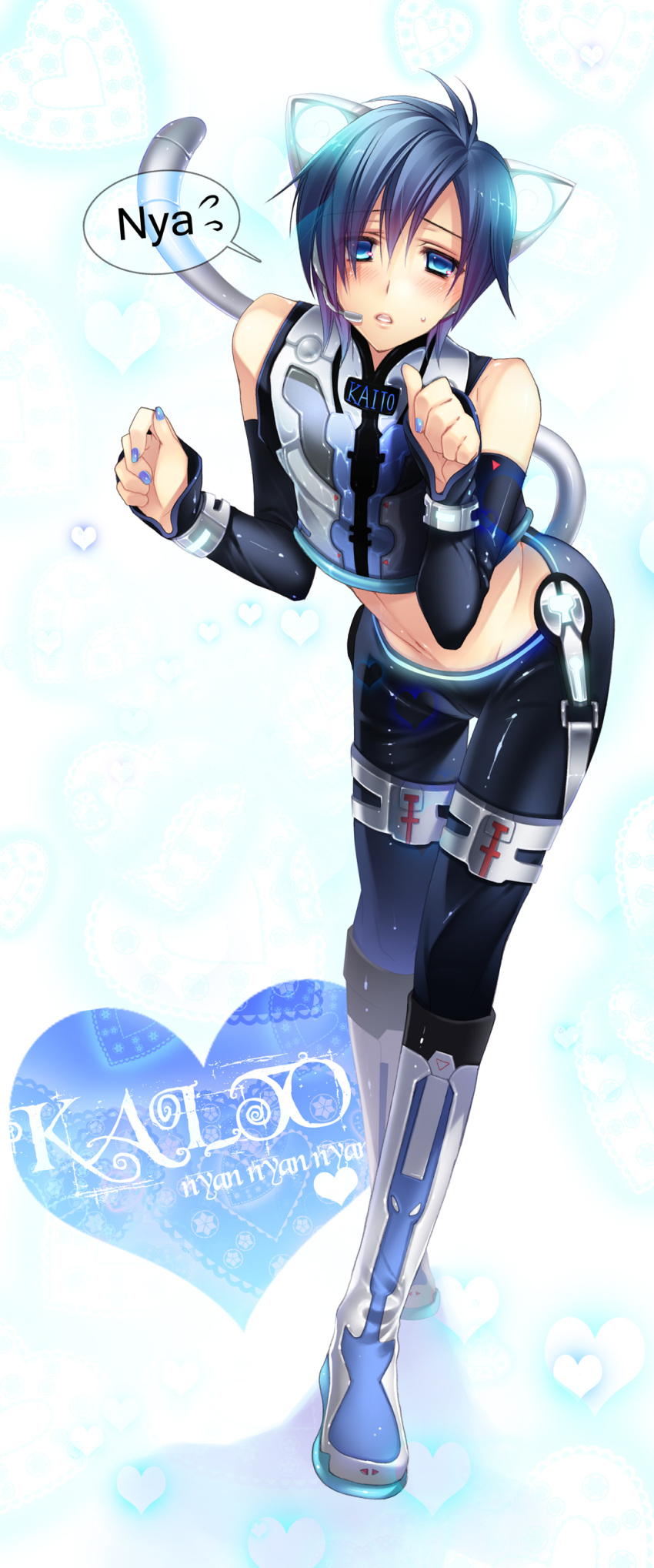 1boy, animal_ears, blue_eyes, blue_hair, cat_ears, cat_pose, cat_tail, cyberneko