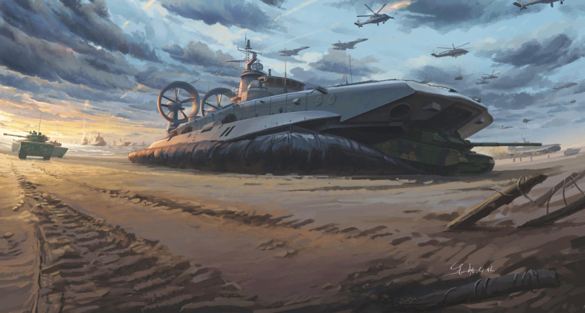 aircraft, beach, clouds, destroyer, harbin_z-20, helicopter, highres, hovercraft, military_vehicle, missile, original, people's_liberation_army, people's_liberation_army_navy, rocket, ship, shouhui_lang_qun, signature, su-15, type_96_tank_(ztz-96), warship, watercraft, z-18, zbd-05, zubr_(lcac)