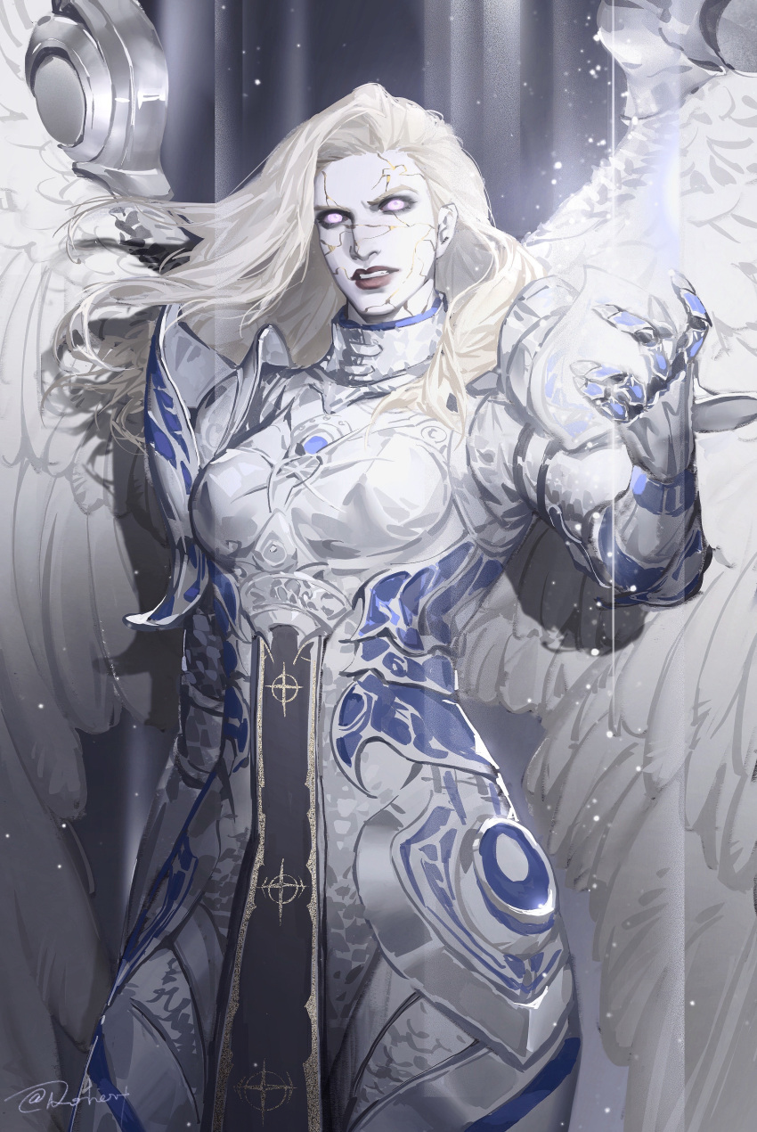 1girl, absurdres, angel_wings, armor, baldur's_gate, baldur's_gate_3, black_eyeshadow, blonde_hair