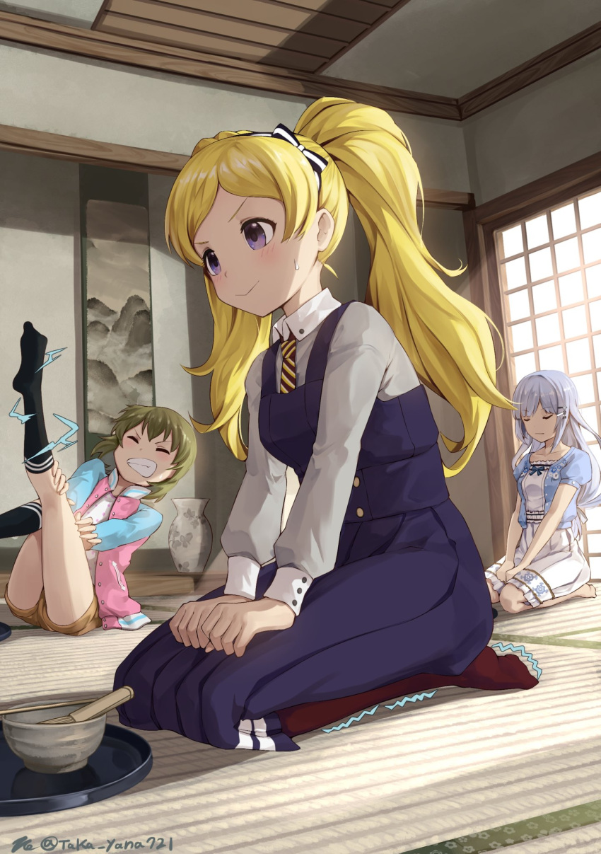 3girls, architecture, arms_between_legs, artist_name, bare_legs, barefoot, birthday, black_socks, blonde_hair, blue_bow, blue_bowtie, blue_dress, blue_jacket, blush, bow, bowl, bowtie, breasts, brown_shorts, buttons, chasen, clenched_hands, clenched_teeth, collarbone, collared_jacket, collared_shirt, commentary, cramp, dress, east_asian_architecture, emily_stewart, feet, fingernails, floral_print, frilled_dress, frills, green_hair, grey_dress, grey_hair, hair_between_eyes, hairband, hand_on_own_leg, hand_on_own_thigh, hands_on_own_leg, highres, idolmaster, idolmaster_million_live!, indoors, ink_wash_painting, jacket, kneeling, legs_up, light_smile, long_hair, long_sleeves, medium_bangs, medium_breasts, medium_hair, multicolored_bow, multicolored_clothes, multicolored_jacket, multicolored_necktie, multiple_girls, nagayoshi_subaru, necktie, open_clothes, open_jacket, overall_dress, pain, painting_(object), parted_bangs, polka_dot, polka_dot_shirt, ponytail, pottery, puffy_short_sleeves, puffy_sleeves, seiza, shiraishi_tsumugi, shirt, short_shorts, short_sleeved_jacket, short_sleeves, shorts, shouji, sidelocks, signature, sitting, sleeve_cuffs, sliding_doors, socks, solo_focus, straight_hair, striped, sweatdrop, swept_bangs, taka.yana, tatami, tea_ceremony, teeth, thighs, utensil, v_arms, vase, vertical-striped_necktie, vertical_stripes, violet_eyes, whisk, white_shirt, window, wooden_ceiling, wooden_floor