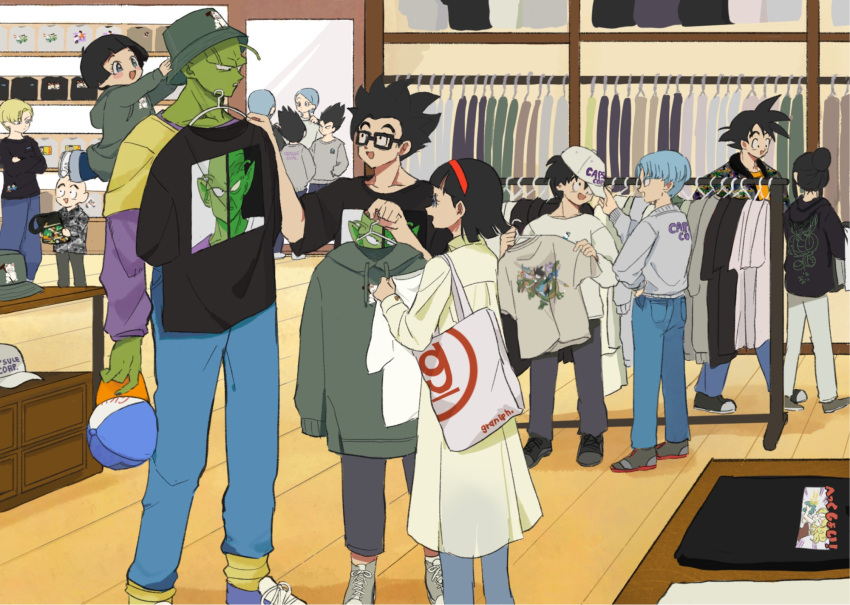 5girls, 6+boys, :d, android_18, antennae, bag, baseball_cap, black-framed_eyewear
