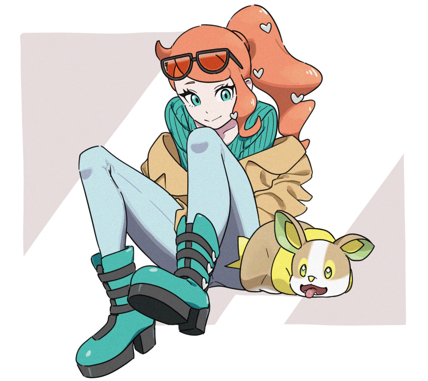 1girl, aqua_eyes, aqua_shirt, brown_coat, coat, collarbone, denim, dog