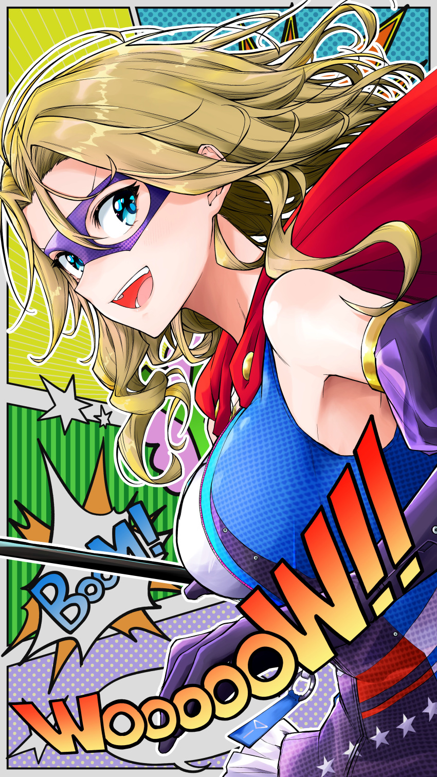 1girl, absurdres, blonde_hair, blue_eyes, breasts, cape, carole_reaper, eye_mask