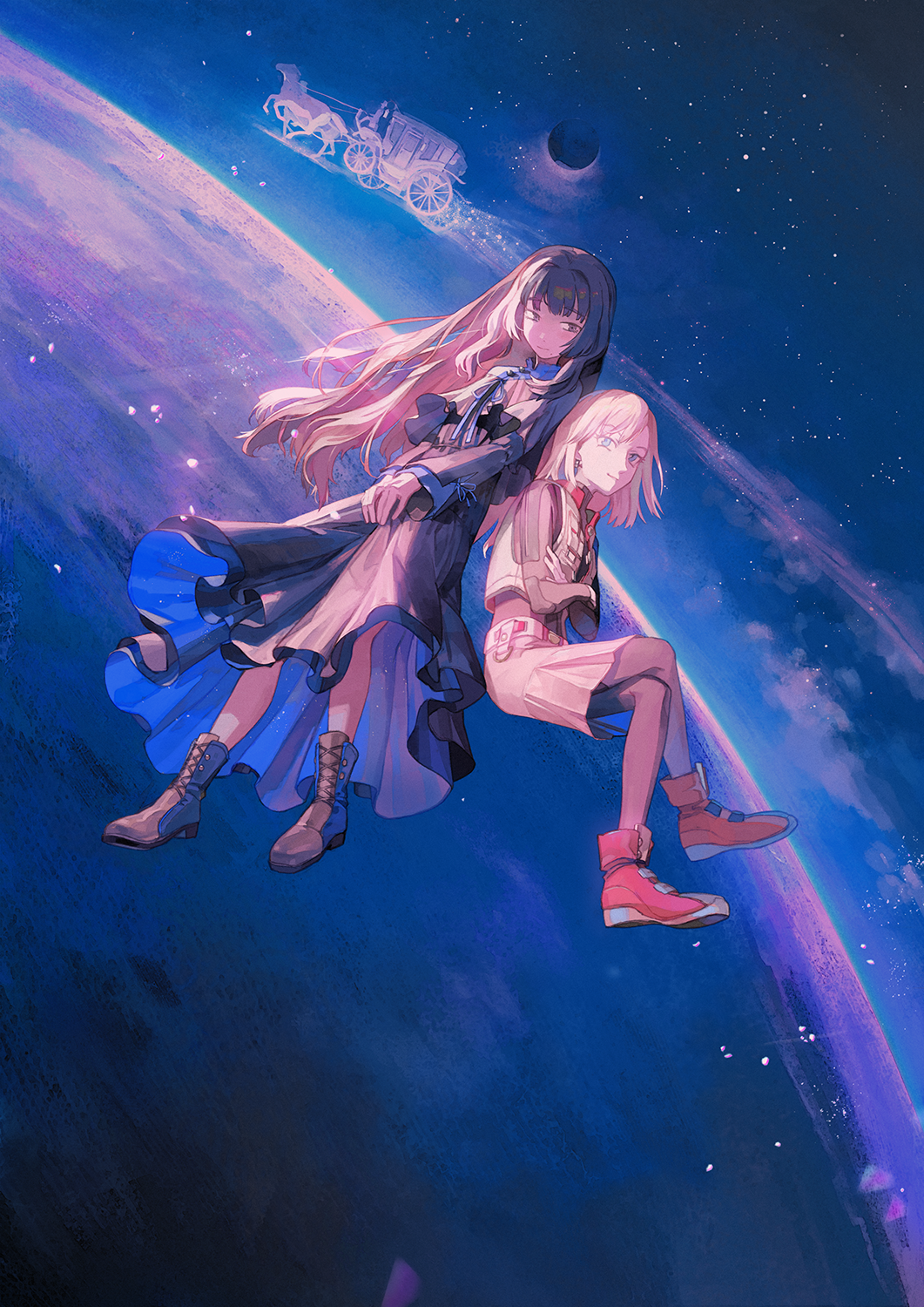 2girls, black_dress, black_footwear, black_hair, boots, carriage, crossed_arms, crossed_legs, dress, highres, horse-drawn, kumomachi, long_hair, looking_at_viewer, multiple_girls, original, red_footwear, shoes, skirt, sky, smile, space, star_(sky), starry_sky, white_hair, white_skirt, wide_shot