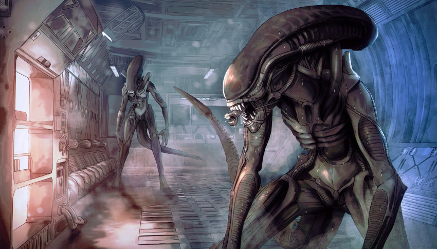 absurdres, alien_(movie), black_skin, colored_skin, fog, highres, indoors, monster