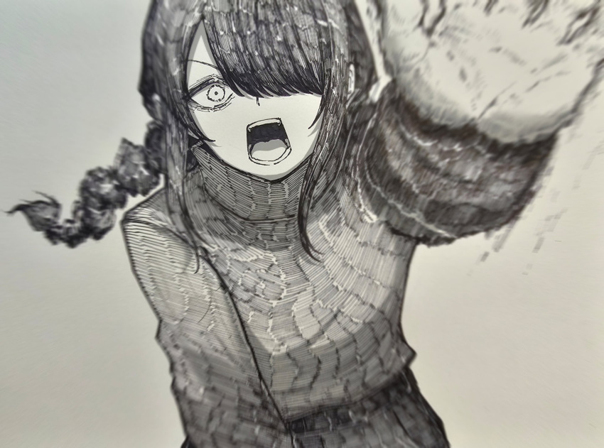 1girl, braid, chainsaw_man, commentary_request, epeulu_(ate5424), foreshortening, greyscale, hair_over_one_eye