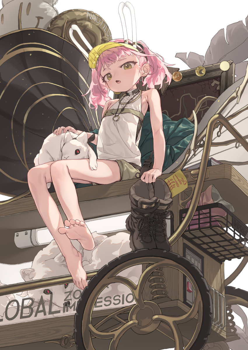 1girl, absurdres, animal_ears, balloon, bare_shoulders, barefoot, boots, girls'_frontline_neural_cloud, girls_frontline, highres, iyasu_shikaku, open_mouth, pink_hair, rabbit, rabbit_ears, taisch_(neural_cloud), toes, twintails