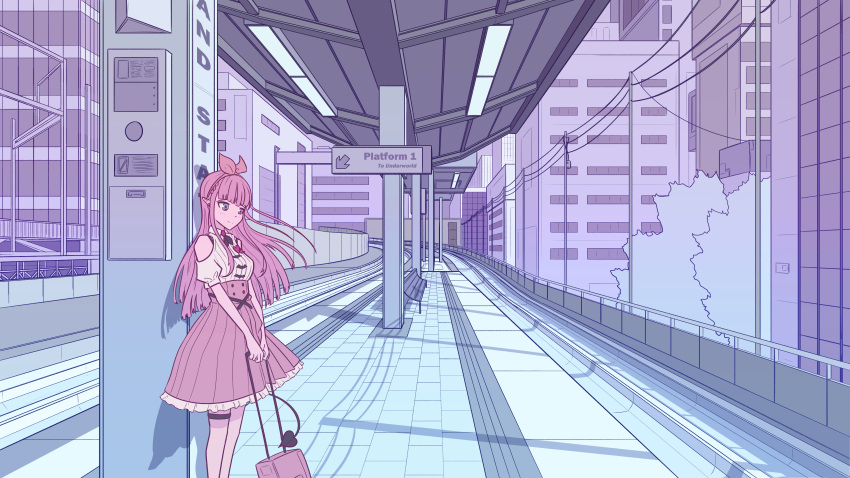 1girl, absurdres, allegedly_tom, bow, building, city, cityscape, clothing_cutout
