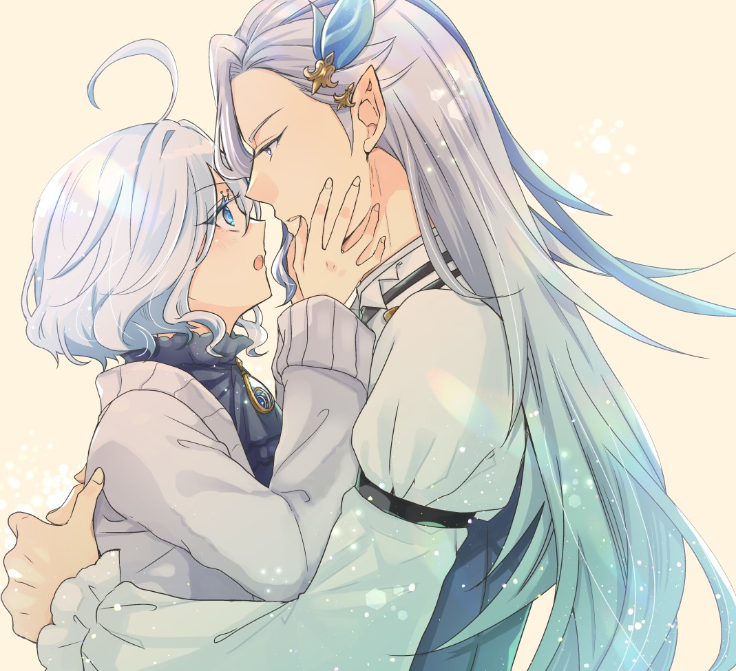 1boy, 1girl, ahoge, ascot, black_nails, blue_ascot, blue_brooch, blue_eyes