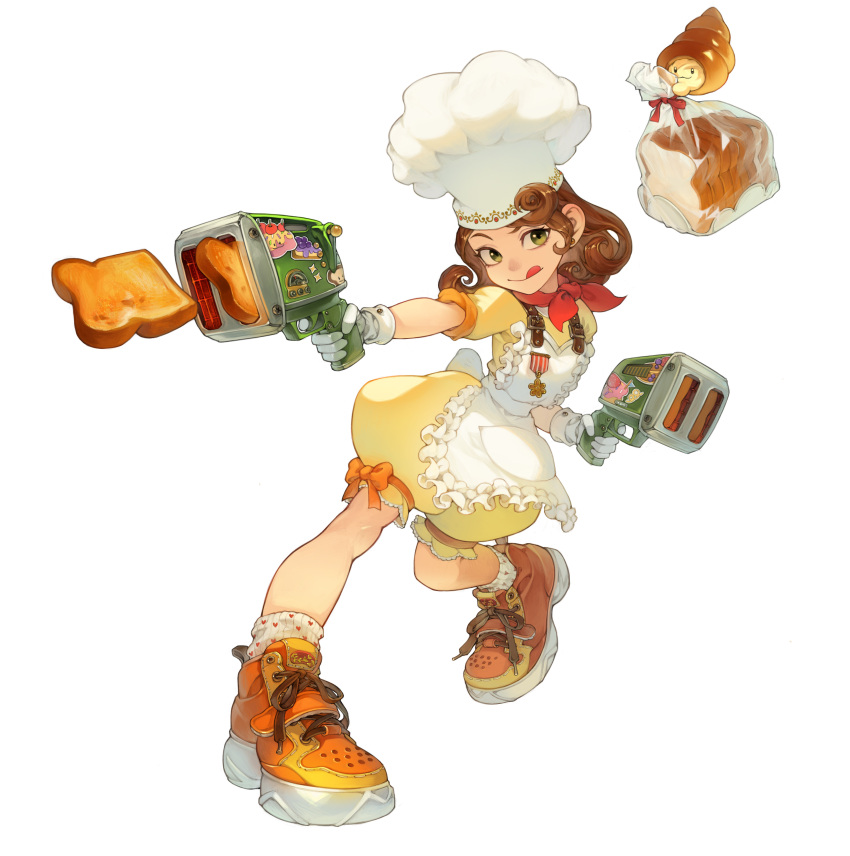 1girl, absurdres, apron, bread, bread_slice, brown_hair, chef_hat, dress