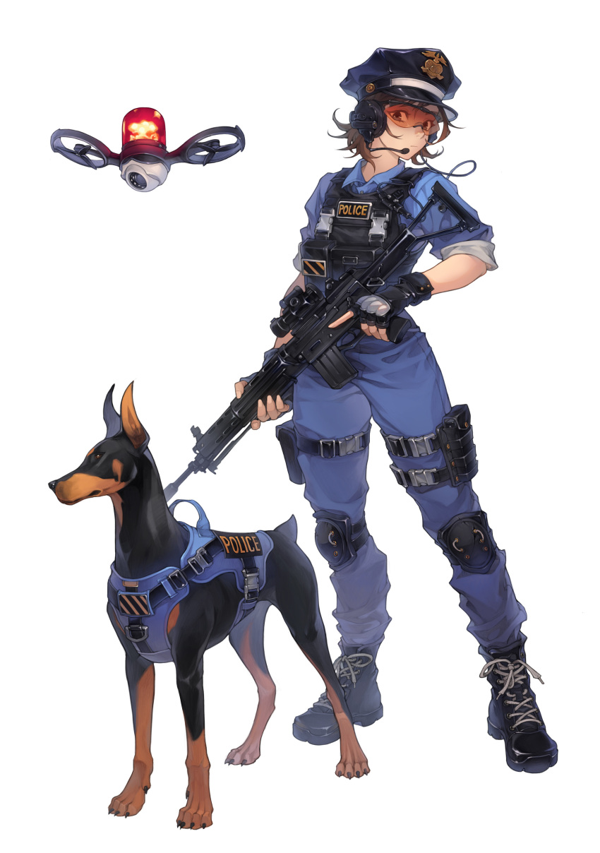 1girl, absurdres, blue_pants, blue_shirt, brown_hair, dog, full_body, gun