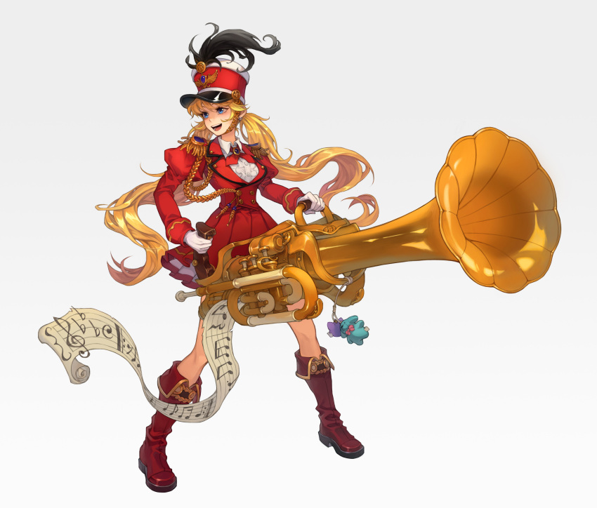 1girl, absurdres, band_uniform, blonde_hair, boots, brown_footwear, gun, highres
