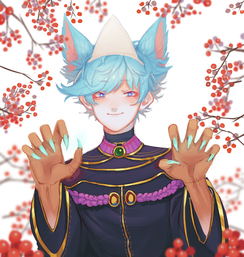 1boy, absurdres, animal_ears, astrocatsama, berry, black_jacket, black_sleeves, blue_eyes