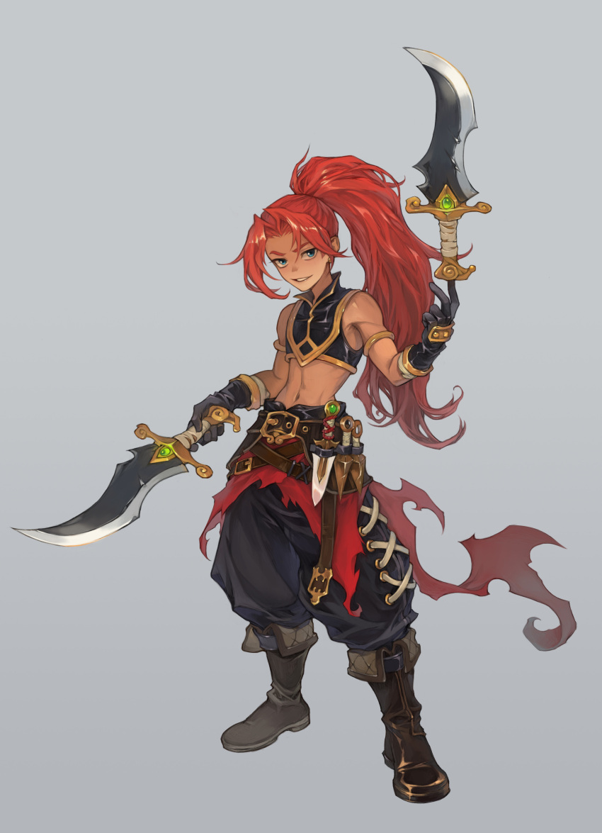 1boy, absurdres, armlet, belt, black_belt, black_footwear, black_gloves, black_pants, blue_eyes, boots, dual_wielding, gloves, grey_background, highres, holding, knife, long_hair, male_focus, midriff, navel, original, pants, parted_lips, ponytail, redhead, sauna_posa, simple_background, sleeveless, smile, solo, standing, sword, weapon, wide_shot