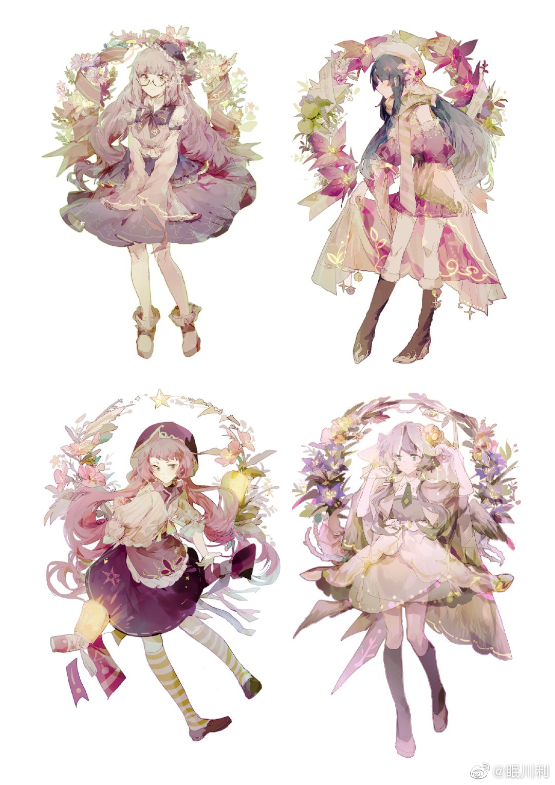 4girls, apron, banner, bare_legs, bare_shoulders, beckoning, beret, black-framed_eyewear