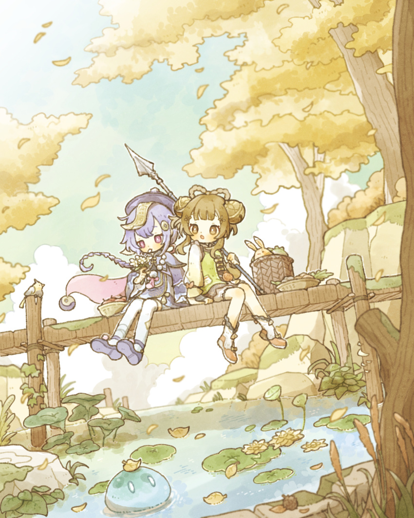 2girls, :o, arm_support, bandaged_leg, bandages, basket, bead_necklace, beads