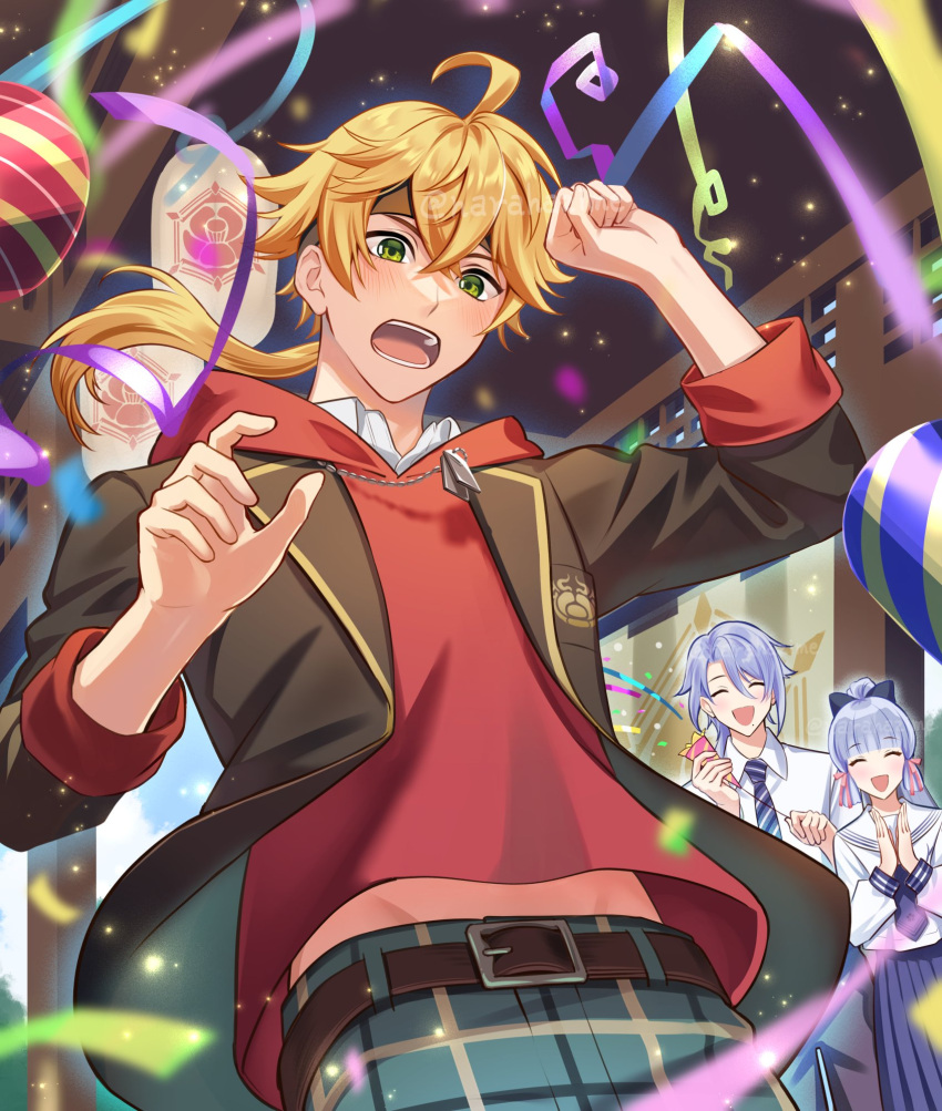 1girl, 2boys, belt, blonde_hair, blue_hair, brown_jacket, closed_eyes, genshin_impact