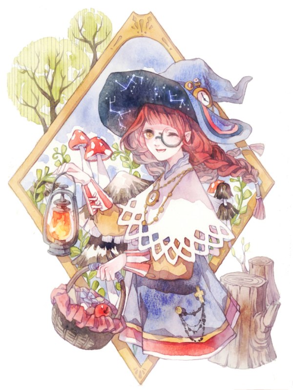 1girl, apple, basket, beads, black-framed_eyewear, blue_dress, blue_headwear, blue_sky