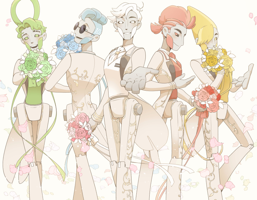 1010_(no_straight_roads), 5boys, absurdres, black_sclera, blonde_hair, blue_eyes, blue_flower, blue_hair
