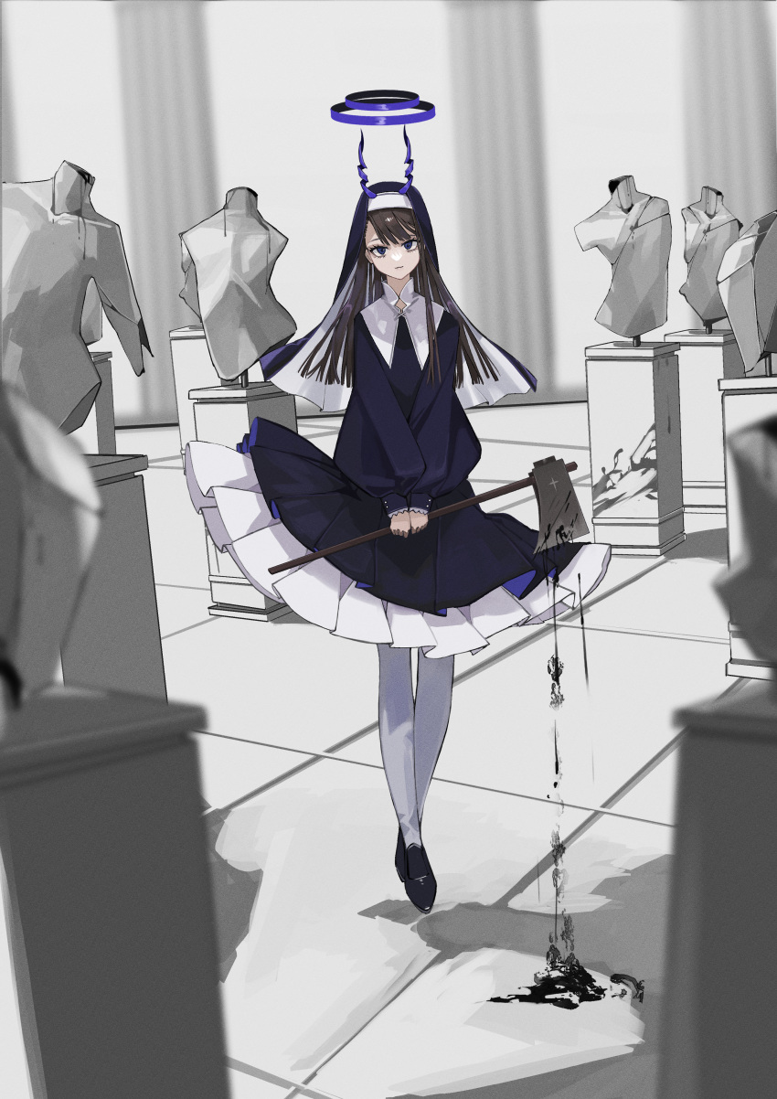 1girl, absurdres, axe, black_footwear, black_hair, blue_eyes, blue_horns, broken_statue, coif, collar, dress, eyelashes, habit, headless_statue, highres, horns, long_sleeves, nun, original, pantyhose, pillar, pleated_skirt, skirt, statue, teizen_(niwamaee), white_pantyhose