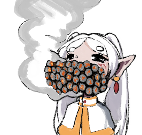 1girl, capelet, cigarette, commentary, earrings, elf, english_commentary, frieren