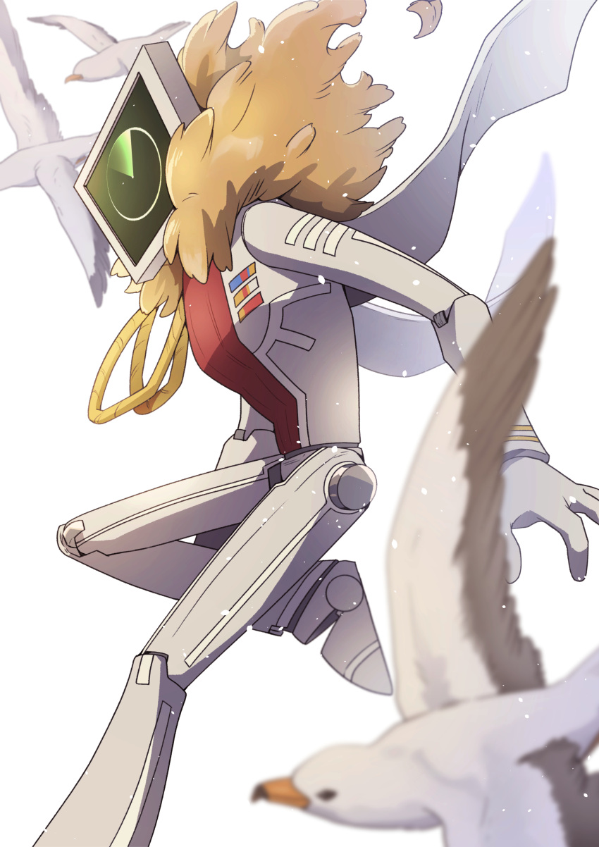 1boy, absurdres, android, bird, commentary_request, flying, fur-trimmed_jacket, fur_trim