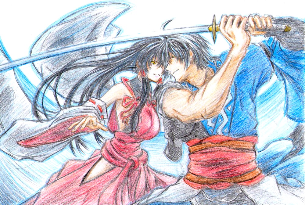 black_hair, breasts, broad_shoulders, detached_sleeves, epic, japanese_clothes, katana, large_breasts, long_hair, m.u.g.e.n, mannosuke, morichika_rinnosuke, muscle, original, sendai_hakurei_no_miko, short_hair, sideboob, silver_hair, sword, touhou, traditional_media, weapon, yellow_eyes, you_(esparda)
