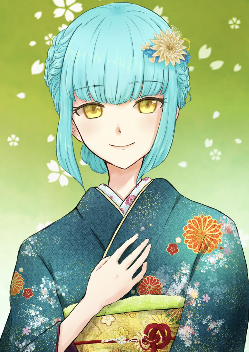 1girl, blue_hair, braid, closed_mouth, commentary_request, crown_braid, eiyuu_densetsu, eyelashes, falling_petals, flower, gradient_background, green_background, green_kimono, hair_flower, hair_ornament, hand_on_own_chest, highres, japanese_clothes, kimono, kuro_no_kiseki, long_bangs, looking_at_viewer, petals, risette_twinings, roshiroshiroppy, short_hair, simple_background, smile, solo, upper_body, yellow_eyes, yellow_flower