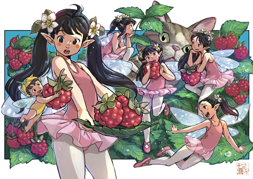 6+girls, animal, ballerina, ballet_slippers, black_hair, blue_sky, blush, breasts