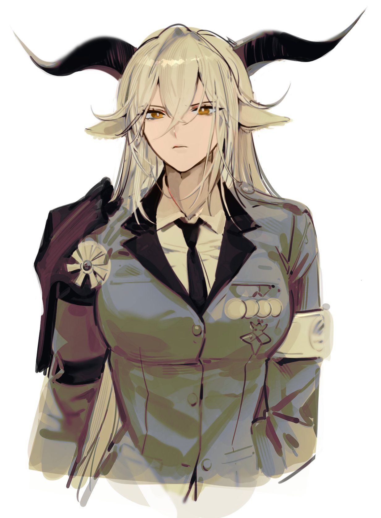 animal_ears, arknights, armband, armor, asymmetrical_sidelocks, blonde_hair, brown_eyes, brown_horns, degenbrecher_(arknights), epaulettes, goat_ears, goat_girl, goat_horns, green_pants, hair_flowing_over, highres, horns, jacket, kjerag_logo, lapels, medal, military_jacket, necktie, notched_lapels, nutella_1231, orange_shirt, pants, pauldrons, print_armband, shirt, shoulder_armor, single_pauldron, white_armband