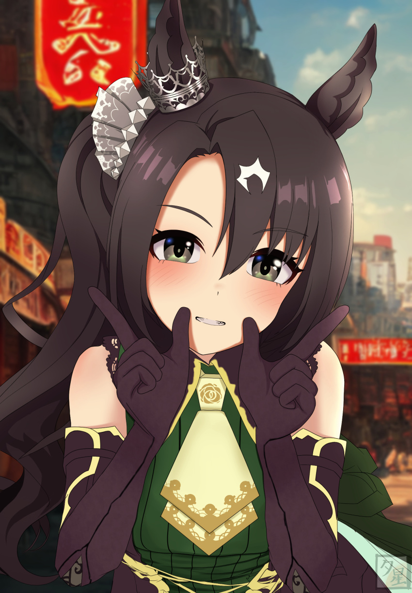 1girl, animal_ears, black_hair, blurry, blurry_background, blush, breasts, commentary_request, detached_sleeves, double_v, gloves, green_eyes, h_stone514, hair_ornament, highres, horse_ears, horse_girl, long_hair, medium_breasts, necktie, portrait, satono_crown_(umamusume), side_ponytail, solo, umamusume, v