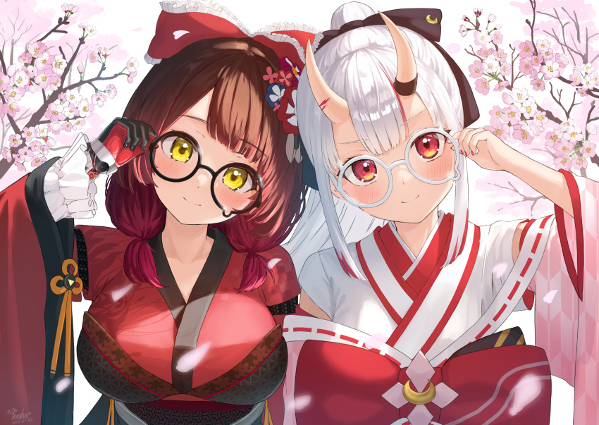 2girls, adjusting_eyewear, android, artist_name, black_bow, blush, bow, breasts, brown_hair, cherry_blossoms, closed_mouth, commentary_request, falling_petals, flower, frilled_sleeves, frills, glasses, gradient_hair, hair_bow, hair_flower, hair_ornament, hand_up, highres, hololive, horns, japanese_clothes, kanzashi, kimono, large_breasts, long_hair, long_sleeves, looking_at_viewer, mechanical_arms, medium_hair, multicolored_hair, multiple_girls, nail_polish, nakiri_ayame, nakiri_ayame_(new_year), nanaushi, official_alternate_costume, official_alternate_hairstyle, oni, oni_horns, petals, ponytail, red_bow, red_eyes, red_kimono, red_nails, redhead, roboco-san, roboco-san_(new_year), short_ponytail, side-by-side, sidelocks, skin-covered_horns, smile, streaked_hair, teardrop-framed_glasses, upper_body, virtual_youtuber, watermark, white_hair, white_kimono, wide_sleeves, yellow_eyes