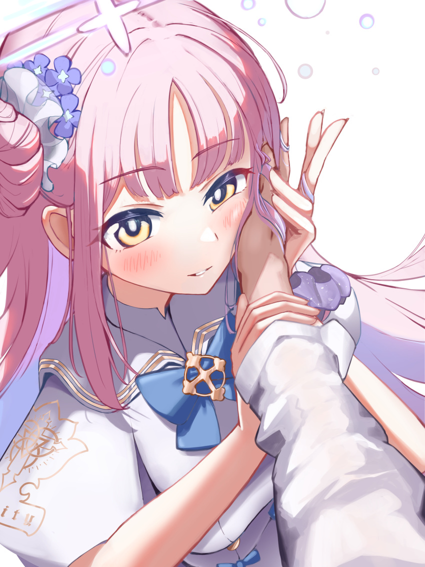1boy, 1girl, absurdres, blue_archive, blue_bow, bow, capelet, flower