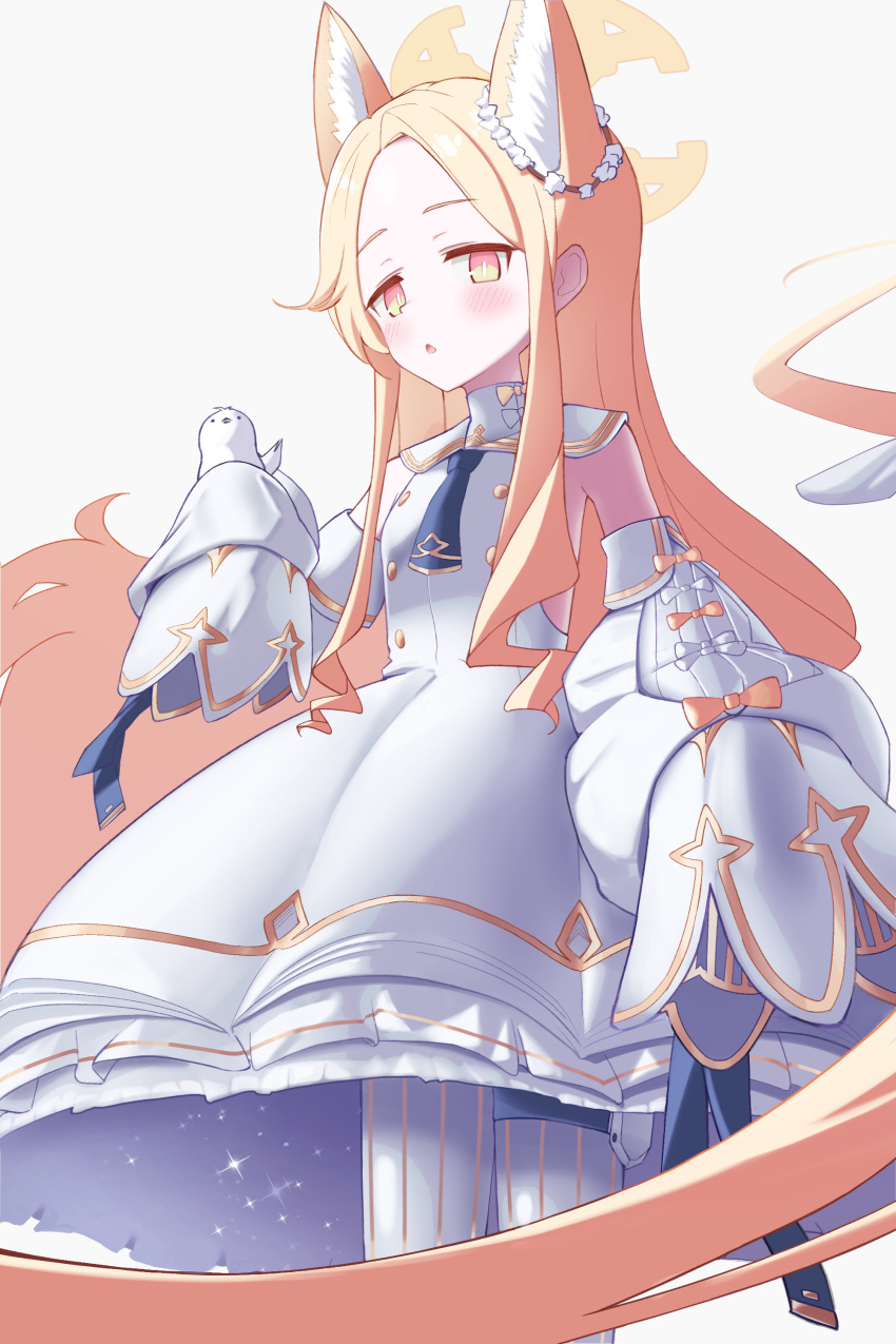1girl, absurdres, animal, animal_ear_fluff, animal_ears, bare_shoulders, bird, blonde_hair