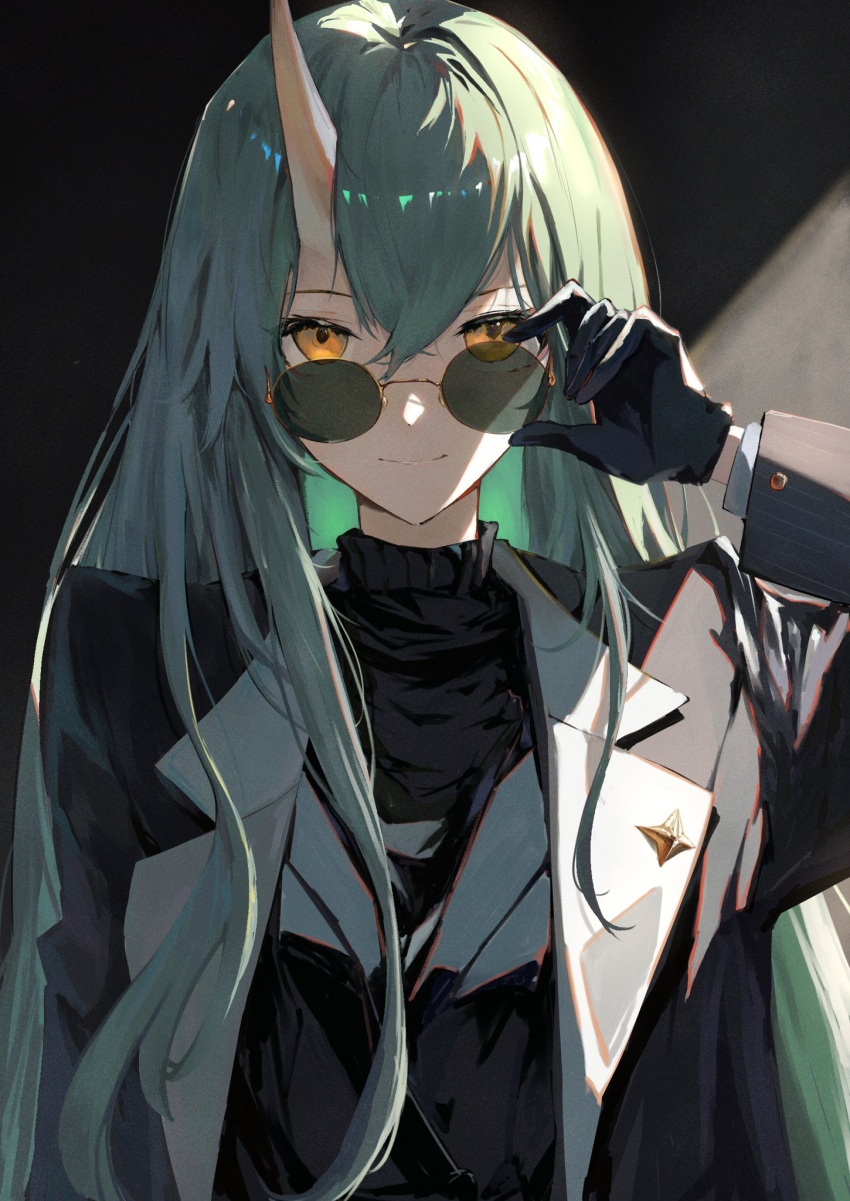 1girl, adjusting_eyewear, alternate_costume, arknights, black_background, black_gloves, black_jacket, black_sweater