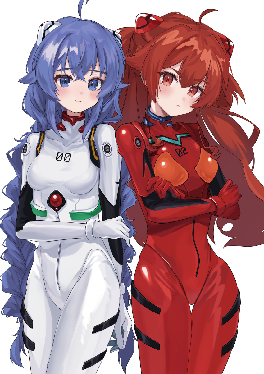 2girls, absurdres, ahoge, arm_at_side, ayanami_rei, ayanami_rei_(cosplay), baba_kirika, blue_eyes