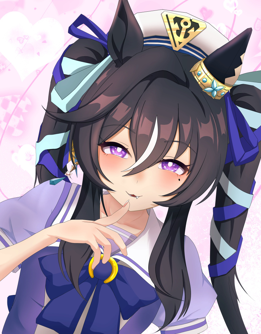 :3, absurdres, animal_ears, beret, black_hair, blush, collarbone, earrings, fang, h_stone514, hair_between_eyes, hair_ornament, hat, highres, horse_ears, horse_girl, jewelry, looking_at_viewer, open_mouth, pointing, pointing_at_self, portrait, ribbon, school_uniform, simple_background, single_earring, tracen_school_uniform, twintails, umamusume, violet_eyes, vivlos_(umamusume)