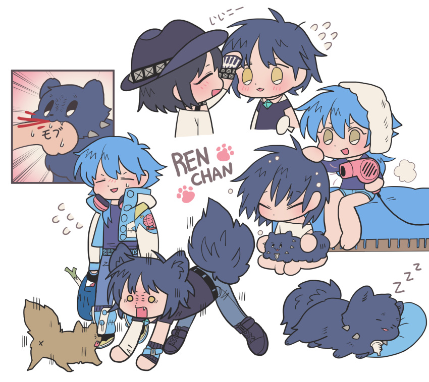 3boys, all_fours, animal_ears, bed, biting, biting_another's_hand, black_hair, blood