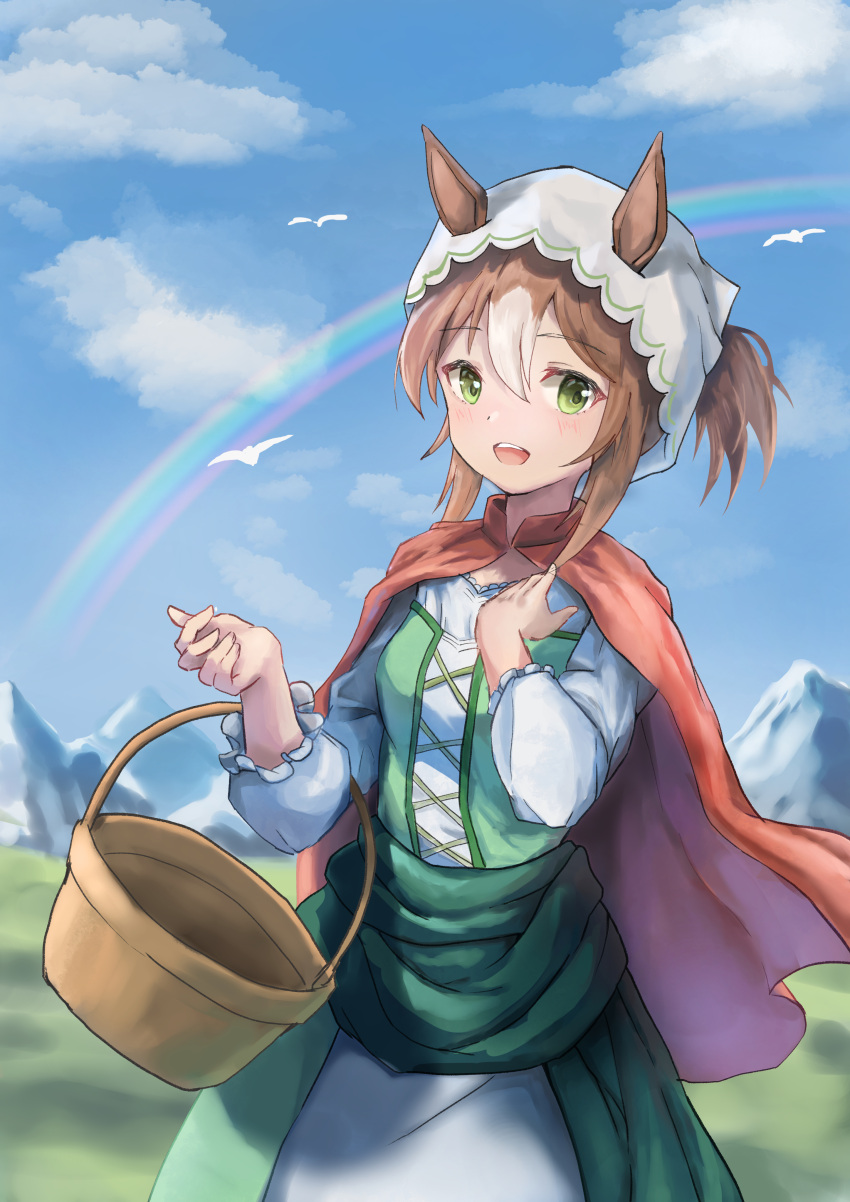 1girl, :d, absurdres, animal_ears, aoniyoshi, basket, bird, brown_hair