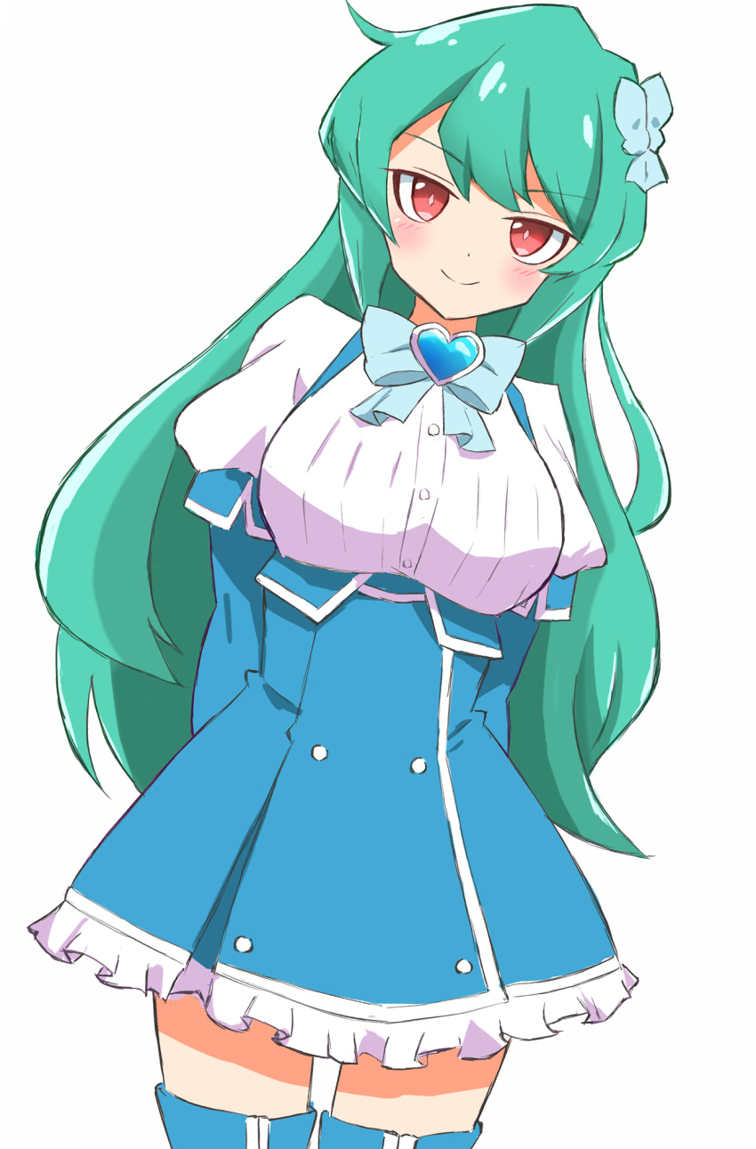 1girl, blue_bow, blue_footwear, bow, cowboy_shot, green_hair, heinkeluhu, highres, long_hair, looking_at_viewer, magia_azul, magical_girl, mahou_shoujo_ni_akogarete, minakami_sayo, red_eyes, shirt, simple_background, smile, solo, white_background, white_shirt