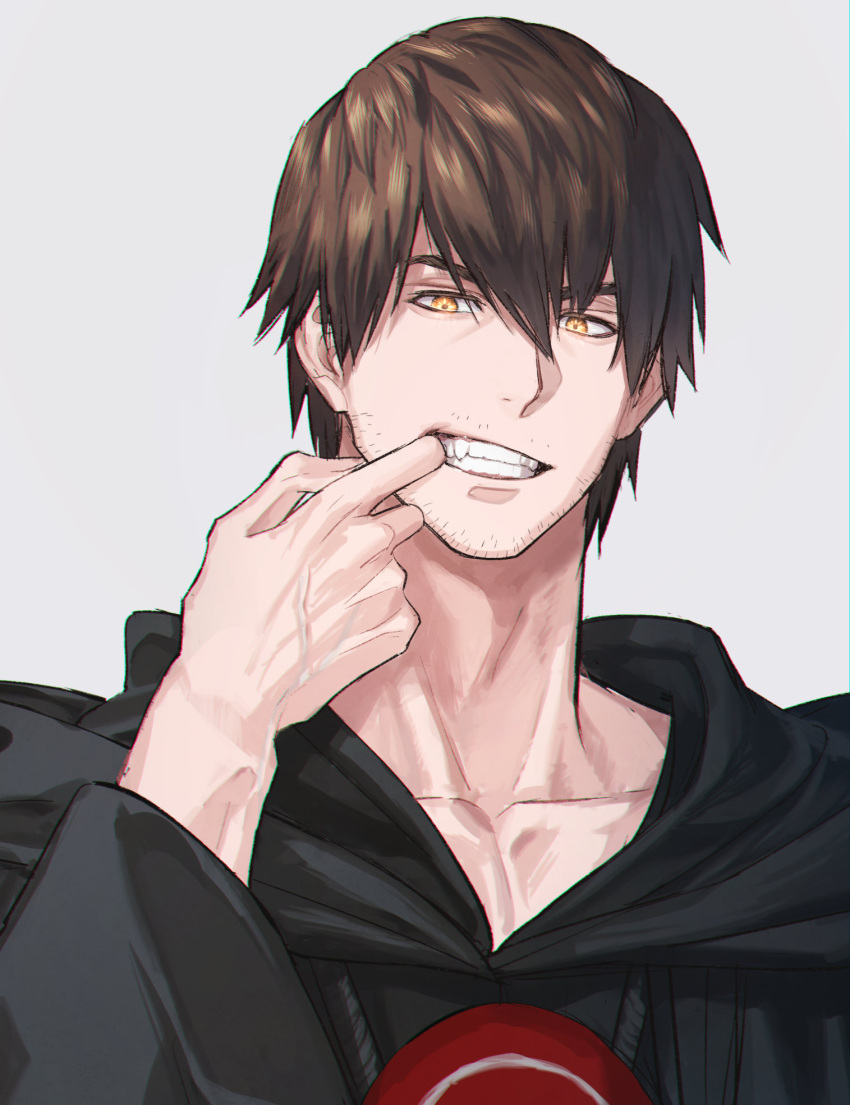 1boy, adventurer_(ff14), azem_(ff14), beard_stubble, black_robe, brown_hair, collarbone, commentary