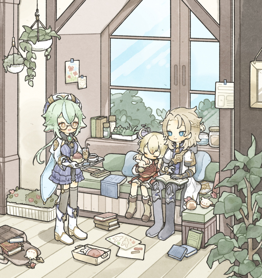 1boy, 2girls, :d, ahoge, albedo_(genshin_impact), animal_ears, aqua_eyes, backpack
