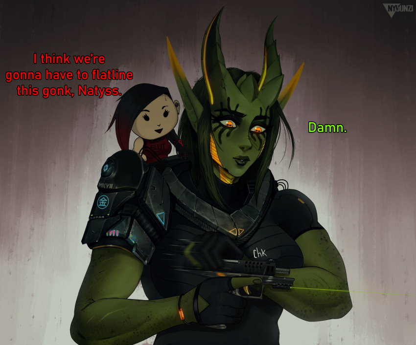 2girls, absurdres, alien, armor, black_hair, black_lips, boobplate, cephalopod_eyes