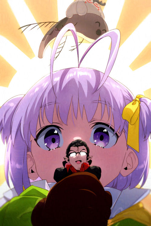 1boy, 1girl, antenna_hair, beryl_gut, black_hair, breasts, brown_gloves, cernunnos_(fate), dress, echo_(circa), fate/grand_order, fate_(series), giant, giantess, glasses, gloves, green_dress, hair_ribbon, long_sleeves, murian_(fate), pointy_ears, purple_hair, ribbon, short_hair, small_breasts, two_side_up, violet_eyes, yellow_ribbon