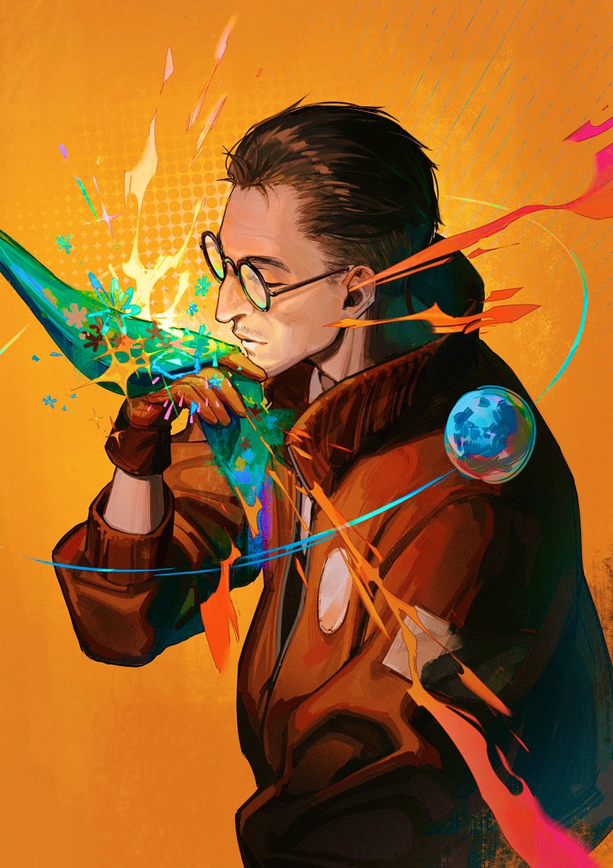 1boy, 7d_(fyf7), black-framed_eyewear, black_hair, brown_gloves, brown_jacket, closed_eyes, collared_jacket